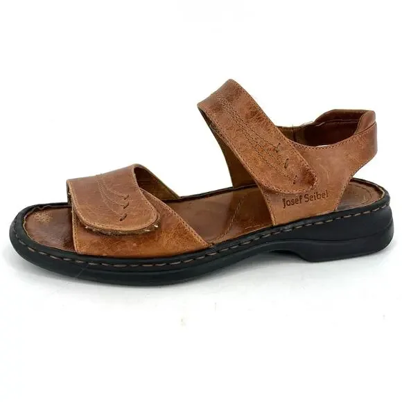 Josef Seibel Women's 8.5/39 Tan Leather Two Strap Flat Adjustable Summer Sandals - Picture 1 of 7